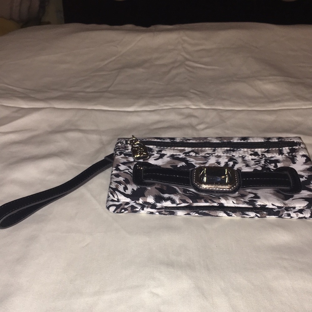 Ladies black and white cloth wallet silver hardware.